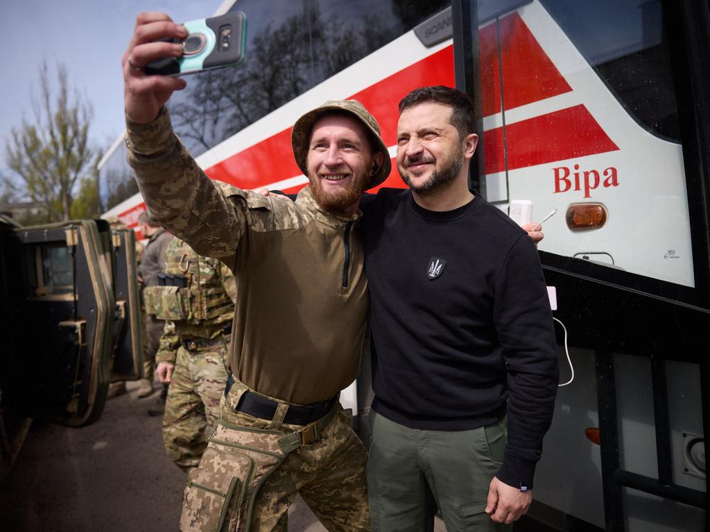 Volodymyr Zelenskyy takes a selfie in a show of defiance on the frontline. Picture: AFP