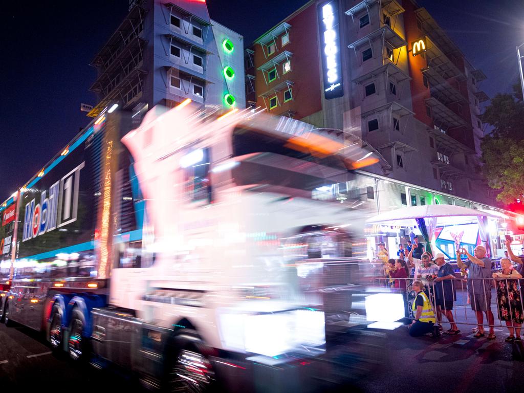 A convoy of trucks arrives in Darwin's CBD to announce the arrival of the Supercars for the round at Hidden Valley Raceway. Picture: Che Chorley