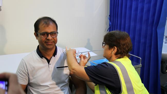 Gladstone and Banana Shire Director of Medical Services Dr Dilip Kumar receives the first AstraZeneca COVID vaccination in Gladstone on March 17, 2021. Picture: Rodney Stevens