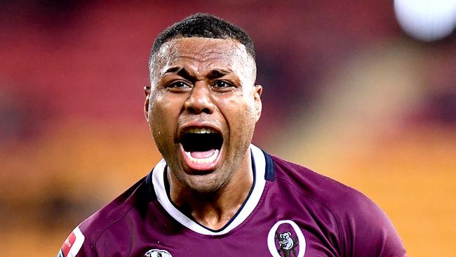 BRISBANE, AUSTRALIA - JUNE 07: Samu Kerevi of the Reds celebrates victory after the round 17 Super Rugby match between the Reds and the Blues at Suncorp Stadium on June 07, 2019 in Brisbane, Australia. (Photo by Bradley Kanaris/Getty Images)