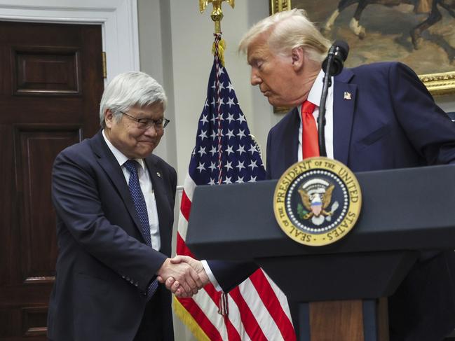 President Donald Trump shakes hands with C.C. Wei, chairman and CEO of Taiwan Semiconductor Manufacturing Company, in the Roosevelt Room of the White House in Washington, Monday, March 3, 2025. (Pool via AP)