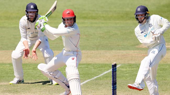 Harry Nielsen plays a cut shot for the Redbacks during the recent round of Shield matches in the Adelaide hub Picture: Getty Images