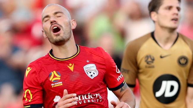 James Troisi of United reacts after missing a shot on goal against the Wanderers on Friday. Picture: AAP Image/James Elsby.