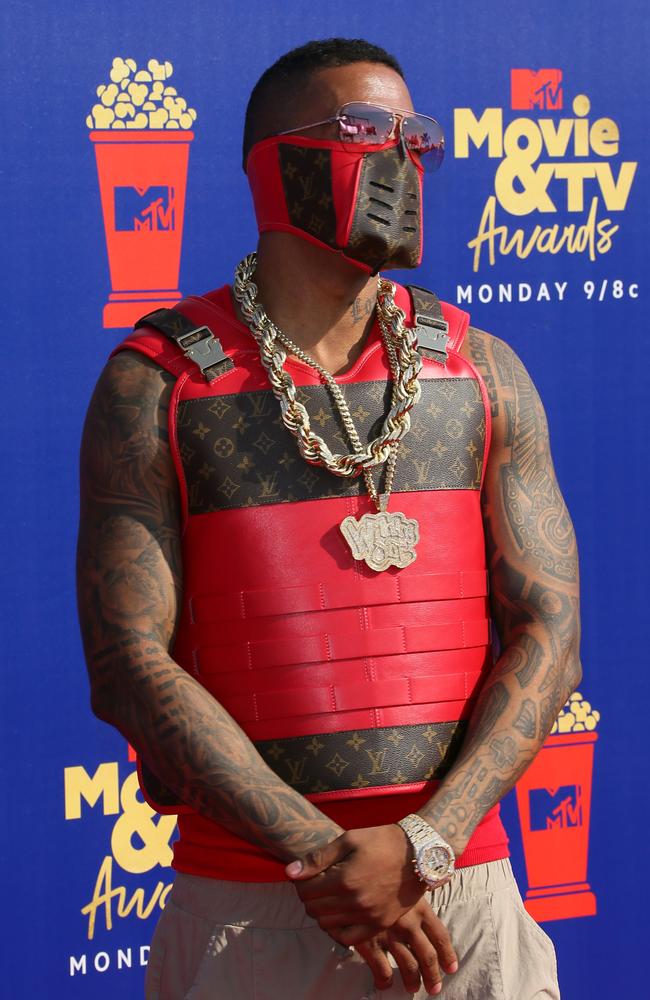 All eyes were on Nick Cannon’s Mortal Combat-style ensemble at the Barker Hangar in Santa Monica. Picture: AFP