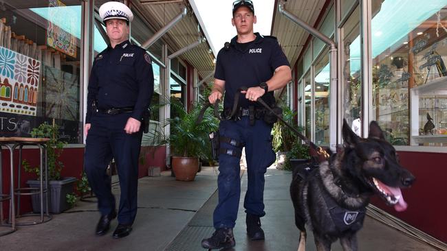 Commander Craig Laidler and Senior Constable Harry Vincent on patrol with PD Quake. Picture: NTPFES