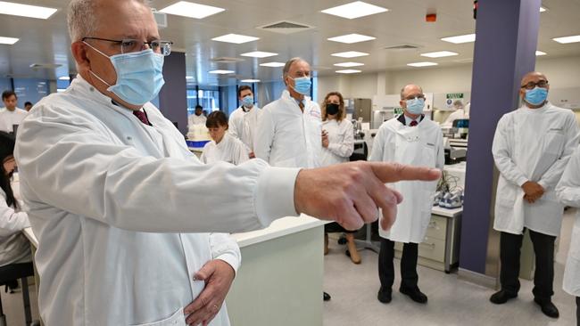 Prime Minister Scott Morrison at a tour of the Astra Zeneca laboratories in Macquarie Park. Picture: Nick Moir.