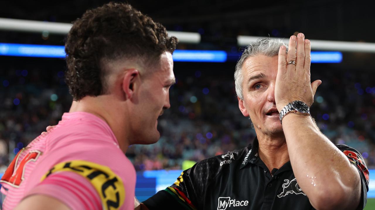 SYDNEY, AUSTRALIA - OCTOBER 06: Nathan Cleary of the Panthers celebrates with his father and coach Ivan Cleary after winning the 2024 NRL Grand Final match between the Melbourne Storm and the Penrith Panthers at Accor Stadium on October 06, 2024, in Sydney, Australia. (Photo by Cameron Spencer/Getty Images)