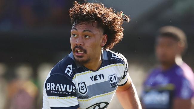 MELBOURNE, AUSTRALIA - FEBRUARY 23: Jeremiah Nanai of the Cowboys passes the ball during the 2025 NRL Pre-Season Challenge match between Melbourne Storm and North Queensland Cowboys at Casey Fields on February 23, 2025 in Melbourne, Australia. (Photo by Morgan Hancock/Getty Images)