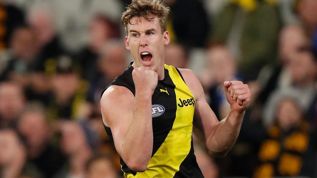 MELBOURNE, AUSTRALIA - APRIL 30: Tom J. Lynch of the Tigers celebrates a goal during the 2021 AFL Round 07 match between the Richmond Tigers and the Western Bulldogs at the Melbourne Cricket Ground on April 30, 2021 in Melbourne, Australia. (Photo by Michael Willson/AFL Photos via Getty Images)