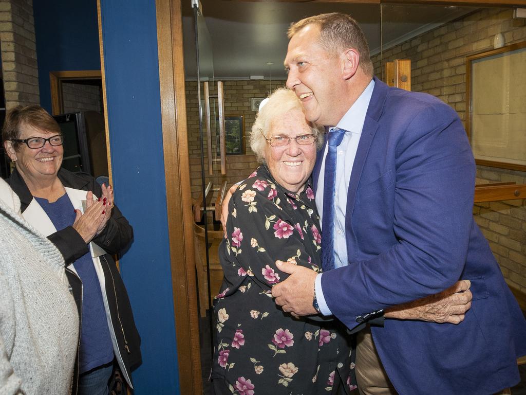 Braddon Liberal Gavin Pearce hugs his mum Beth Pearce at Burnie. Picture: CHRIS KIDD