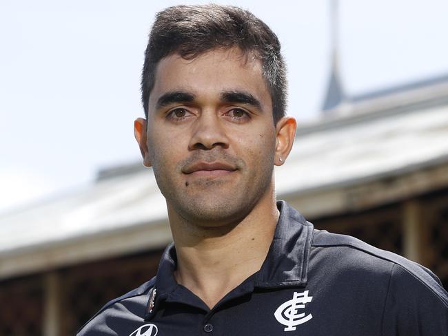 MELBOURNE, AUSTRALIA - NOVEMBER 29: Jack Martin poses for his picture as Carlton Blues Football Club announce the acquisition of Jack Martin at Ikon Park on November 29, 2019 in Melbourne, Australia. (Photo by Con Chronis/Getty Images)