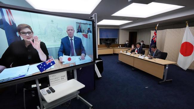 Foreign Minister Marise Payne and Defence Minister Peter Dutton met their Japanese counterparts Motegi Toshimitsu and Kishi Nobuo on Tuesday. Picture: AFP