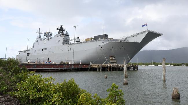 The HMAS Adelaide, a Royal Australian Navy Canberra-class landing helicopter dock ship, has moored at the Cairns Wharf. Picture: Brendan Radke