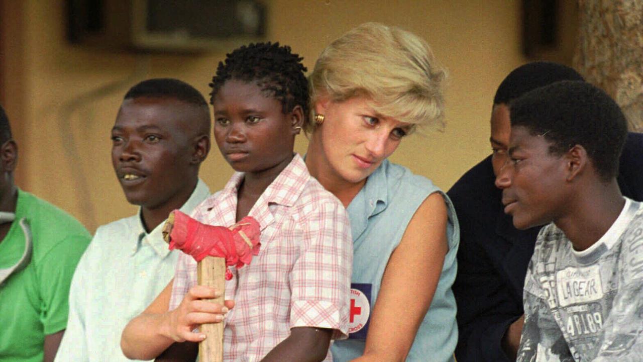 Princess Diana talking to amputee landmine victims near Luanda during her visit to Angola. Picture: Supplied