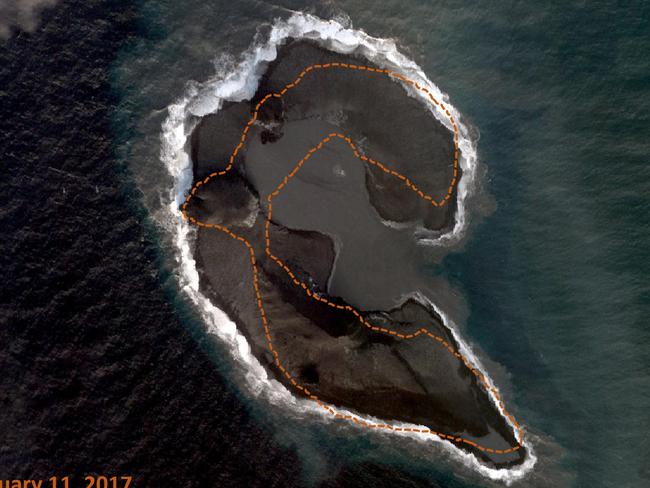 Bogoslof Volcano - Analysis of shoreline changes at Bogoslof volcano due to eruptive activity between January 11 and 24, 2017. The base image is a Worldview-2 satellite image collected on January 24, 2017. The approximate location of the shoreline on January 11, 2017 is shown by the dashed orange line. Picture: David Schneider, U.S. Geological Survey.