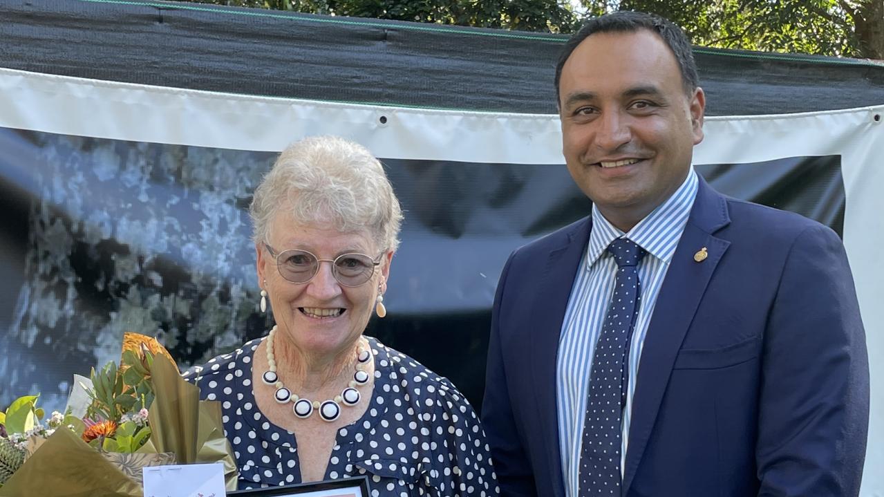 Helen Mears with Gurmesh Singh at the Australia Day ceremony at the North Coast Regional Botanic Garden in Coffs Harbour. Picture: Matt Gazy