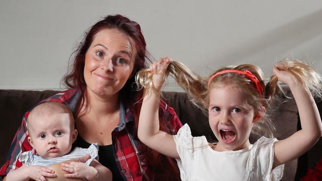 Teacher Holly Maddigan, 32, is at home on maternity leave, overseeing home schooling of her daughter Aurora, 4, as well as looking her four-month-old baby Deyanira. Picture: Liam Kidston.