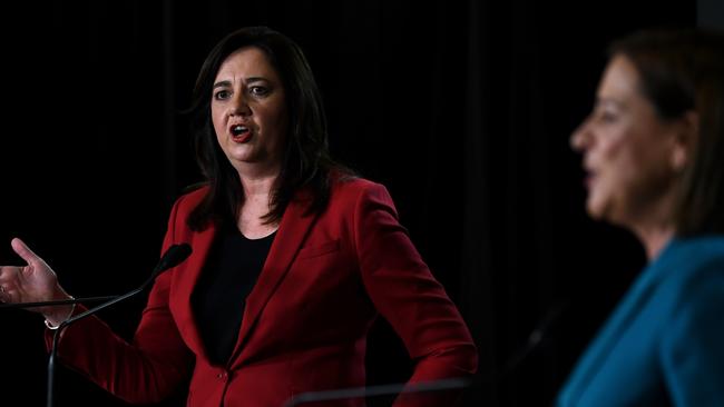 BRISBANE, AUSTRALIA - NewsWire Photos - OCTOBER 28, 2020. Queensland Premier Annastacia Palaszczuk (left) and opposition Leader Deb Frecklington engage in a debate during the Sky News - Courier Mail People's Forum at the Broncos Leagues club in Brisbane, ahead of the October 31 state election. Picture: NCA NewsWire / Dan Peled