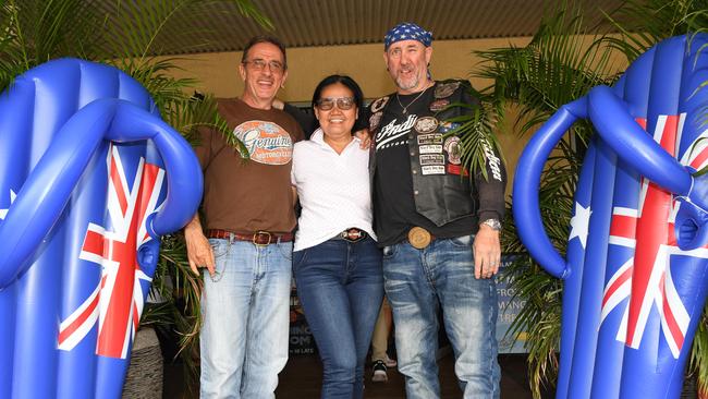 Rick Cori, Gloria Calvi and John Loche celebrate Australia Day at the Berry Springs Tavern. Picture: Katrina Bridgeford