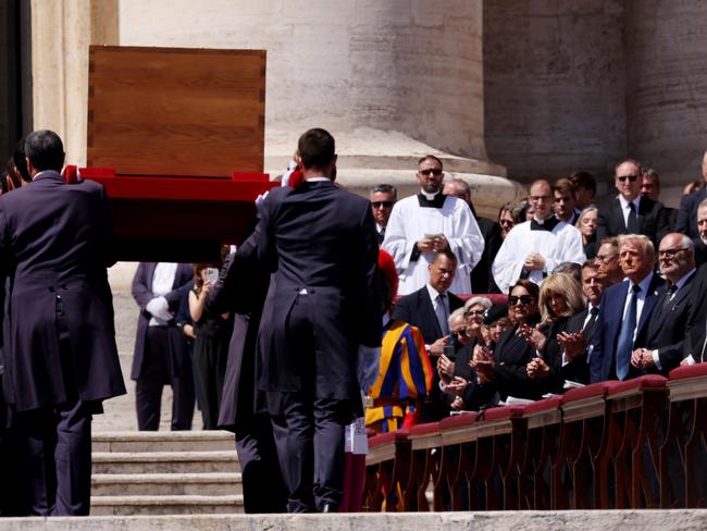 VATICAN CITY, VATICAN - APRILÃÂ 26: (L-R) Gabon President Brice Clotaire Oligui Nguema, France's First Lady Brigitte Macron, France's President Emmanuel Macron, Finland President Alexander Stubb, US President Donald Trump, US First Lady Melania Trump, Estonian President Alar Karis, King Felipe VI of Spain, Queen Letizia of Spain, Ecuador's President Daniel Noboa and His Highness Abu Dhabi's Crown Prince and President of the United Arab Emirates Sheikh Khaled Bin Mohammed Bin Zayed Al Nahyan attend the funeral of Pope Francis in St. PeterÃ¢â¬â¢s Square on April 26, 2025 in Vatican City, Vatican. Pope Francis died on April 21st at the age of 88. Born in Argentina as Jorge Mario Bergoglio, he was the first Latin American and the first Jesuit to become Pope when elected in 2013. Taking the name Francis after St Francis of Assisi, he promoted a more humble version of the papacy than many of his predecessors. He will be buried outside of the Vatican in a simple wooden coffin at the Basilica Santa Maria Maggiore.  (Photo by Franco Origlia/Getty Images)
