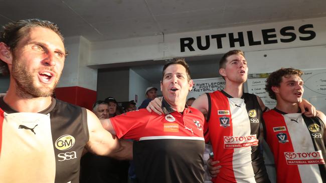 Myrtleford Saints coach Craig Millar after the win big win against Corowa-Rutherglen on Saturday. Picture Yuri Kouzmin