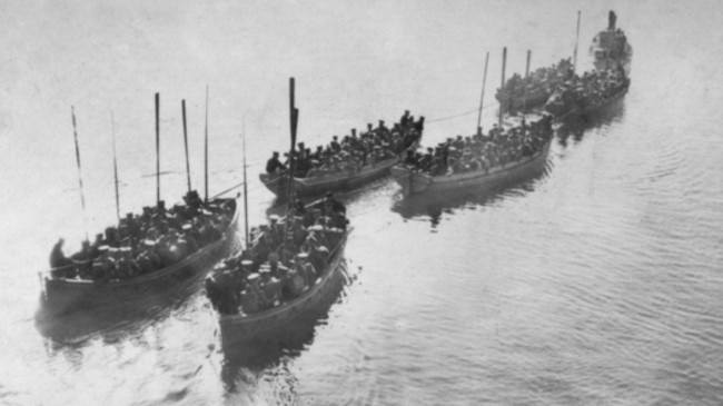 Myth became fact ... six boatloads of Australian troops being towed towards Anzac Beach early on the morning of the landing.