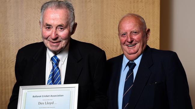 Des Lloyd (left) with John O'Brien after being inducted into the Hall of Fame. Picture: Golden Point Cricket Club.