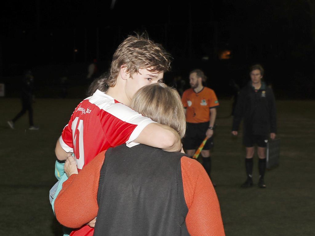 Lokoseljac Cup Final at KGV. Devonport Strikers versus South Hobart. Bradley Lakoseljac hugs his family after the match. Picture: PATRICK GEE