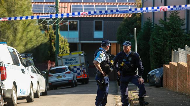 Police and Rescue at the scene of an accident, at Fort Street High School, Petersham, today, where a stone mason has been killed by falling scaffolding and concrete. Picture: Justin Lloyd.