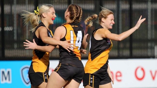 Broadview women's footballers celebrate during the 2019 division three grand final. Picture: Supplied, Broadview Football Club, Kylie (club social director)