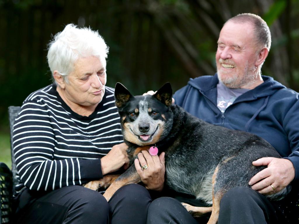 Jennifer and Ian Doughty and their blue heeler, River, the couple's houseboat overturned on Sunday night, and river had to dog paddle for a couple hours till rescued. They say the VMR Bribie Island crew who rescued them are their heroes. Picture: Steve Pohlner