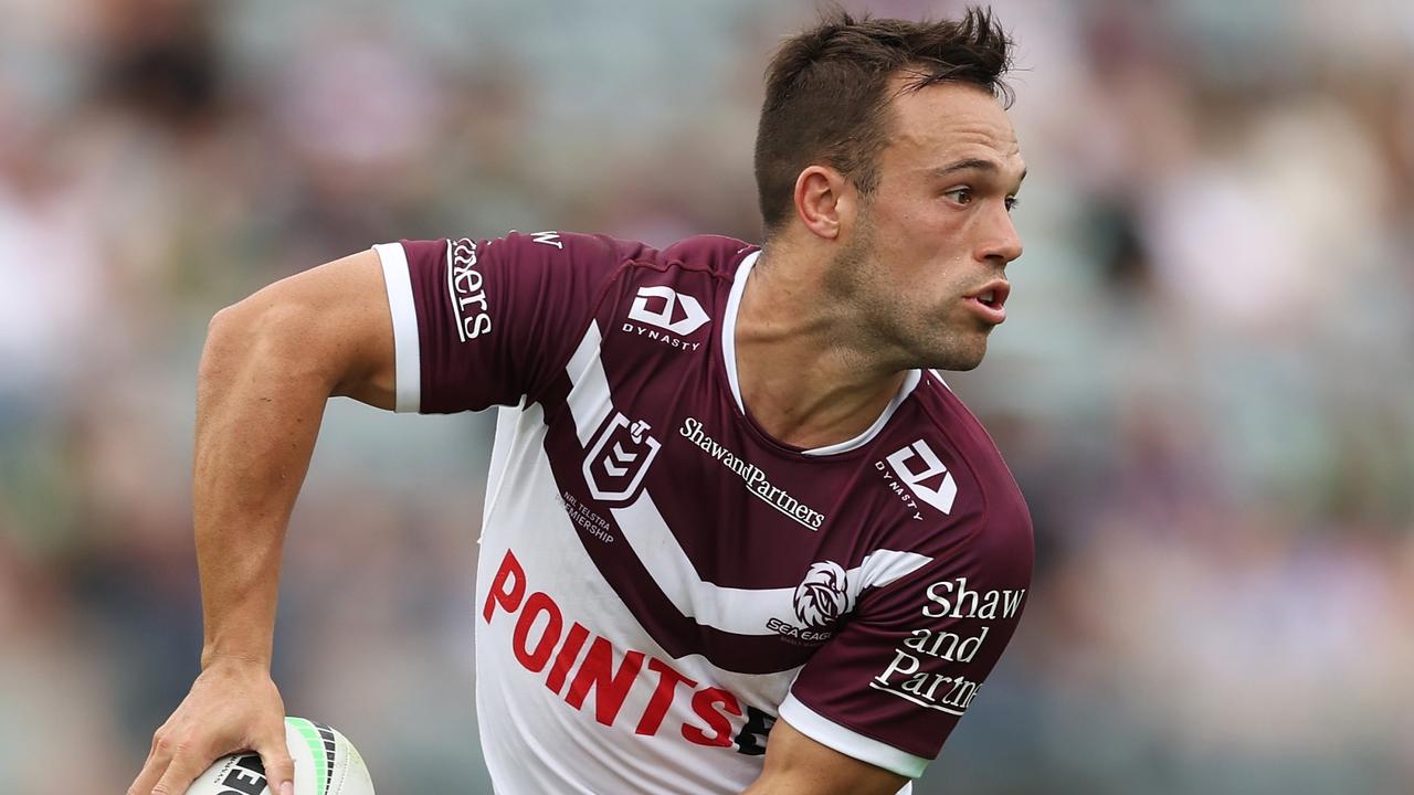GOSFORD, AUSTRALIA - FEBRUARY 11: Luke Brooks of the Sea Eagles passes during the NRL pre-season trial match between Manly Sea Eagles and South Sydney Rabbitohs at Industree Group Stadium on February 11, 2024 in Gosford, Australia. (Photo by Matt King/Getty Images)