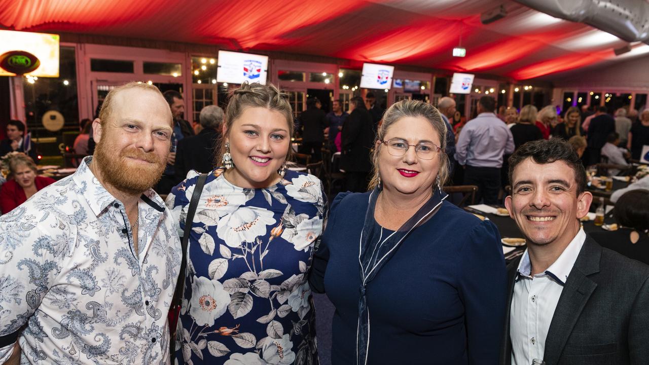 At the Toowoomba Rugby League gala presentation night 2022 are (from left) Aaron Williams, Brenna Prendergast, Sheree Prendergast and Tom Pulsford at Clive Berghofer Grande Atrium Clifford Park, Friday, September 9, 2022. Picture: Kevin Farmer