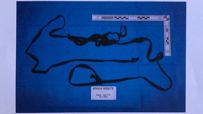 The tourniquet used by Anthony Sampieri on his young victim in the bathroom of a dance studio in Kogarah, released by the court.