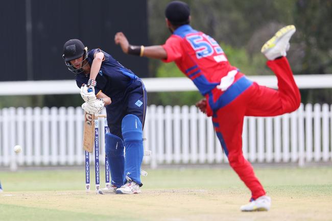 Harry DeSouza batting for Northern Suburbs against Toombul in their Under 17 cricket clash at Ian Healy Oval on Sunday. Picture Lachie Millard