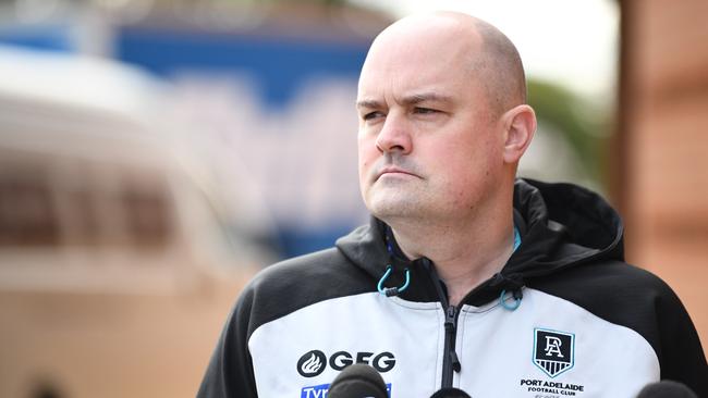 Port Adelaide general manager of football Chris Davies speaks to media outside Allan Scott Headquarters at Alberton on Thursday. Picture: Mark Brake