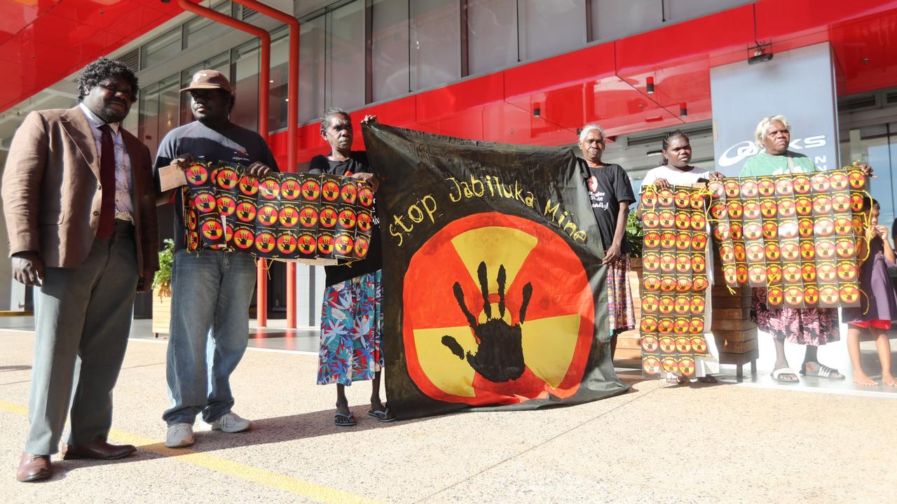 Mirarr Traditional Owners held a protest outside the Energy Resources of Australia Annual General Meeting of shareholders at the Oaks Darwin Elan Hotel, Wood St following the mine owner's decision apply for a mine lease extension for Jabiluka. Picture: Zizi Averill