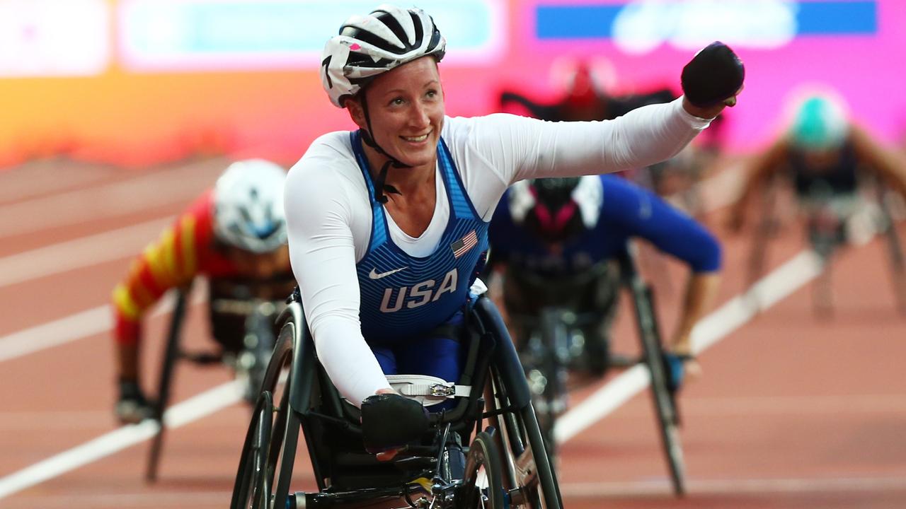 Tatyana McFadden of the USA wins the Women's 800m F54 Final at World Para Athletics Championships at London Stadium in 2017 (Kieran Galvin/NurPhoto via Getty Images).