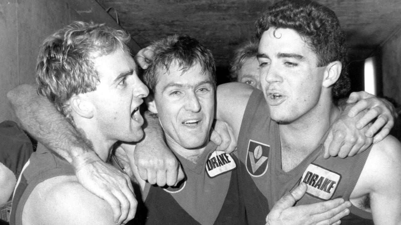 Rodney Grinter, Alan Johnson and Garry Lyon. Grinter has started a WhatsApp group for past Demons. Picture: Peter Cox