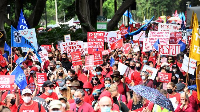 Thousands of public school teachers demonstrated outside NSW Parliament on Tuesday. Picture: NCA NewsWire / Jeremy Piper