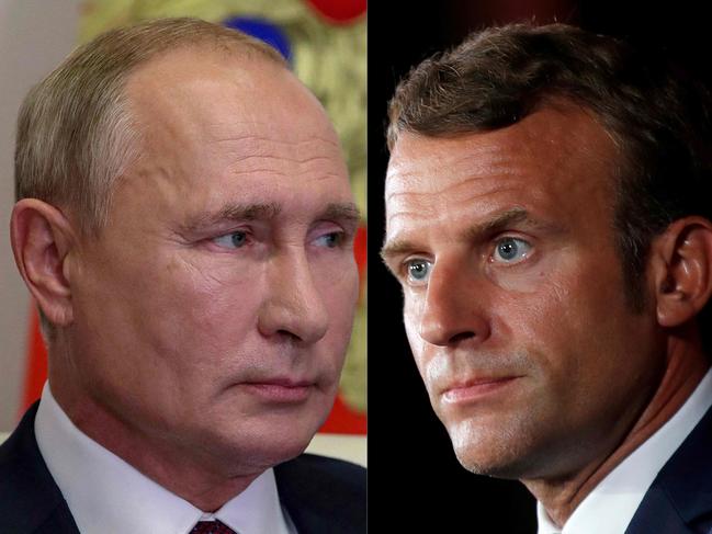 A telephone conversation between French President Emmanuel Macron and Russian leader Vladimir Putin about the situation in Ukraine got underway as part of a last-ditch effort to avert a Russian invasion of Ukraine. Picture: AFP