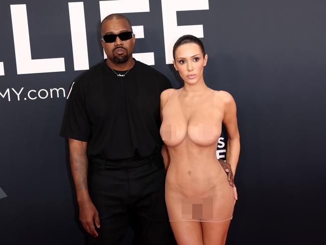 Kanye West and Bianca Censori’s controversial appearance at the Grammy Awards in LA on Monday. Picture: Matt Winkelmeyer/Getty Images for The Recording Academy