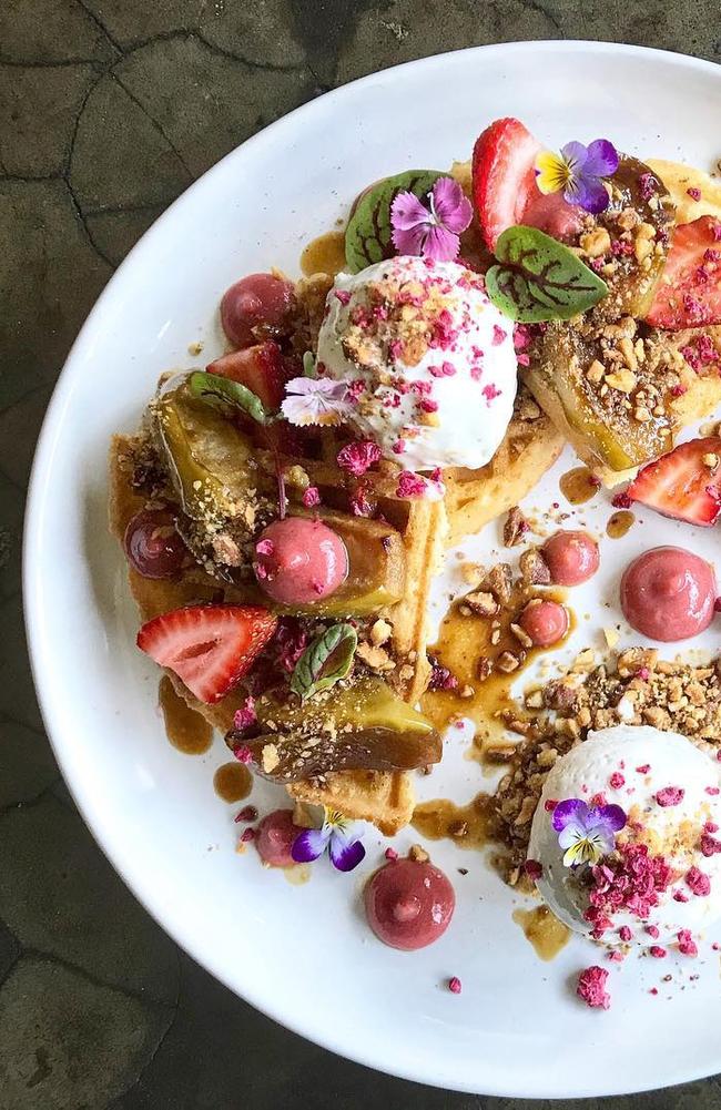 Apple crumble waffles with rhubarb purée and coconut ice-cream.