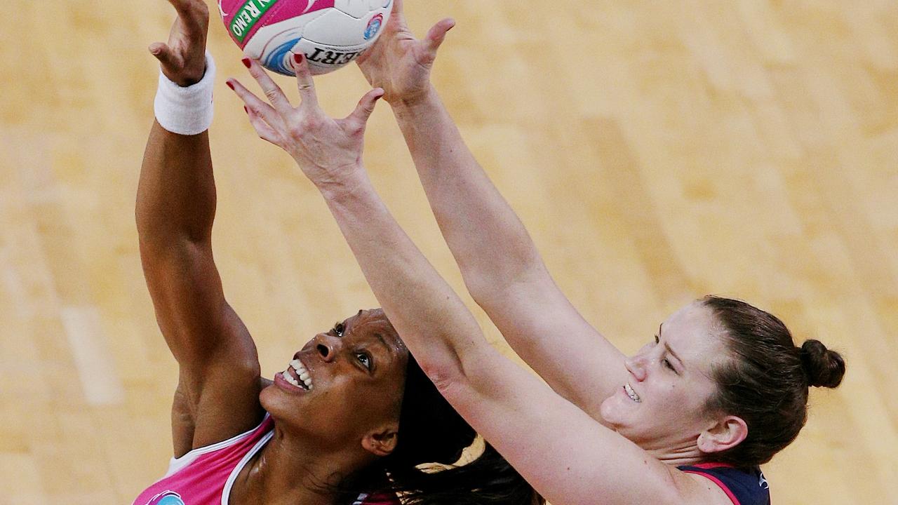 Eboni Usoro-Chambers (left) in action for the Adelaide Thunderbirds in the ANZ Championship in 2015. Picture: Colleen Petch.