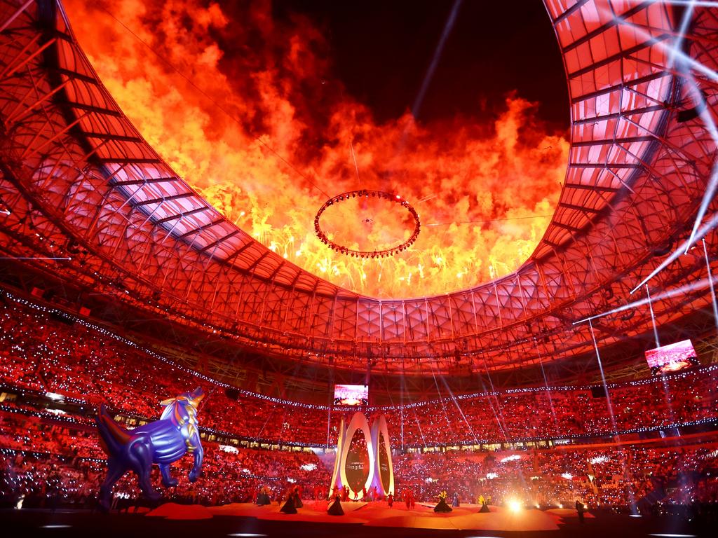Lusail Stadium ignites during the AFC Asian Cup Opening Ceremony, preceding the Qatar vs. Lebanon Group A match. Picture: Robert Cianflone/Getty Images
