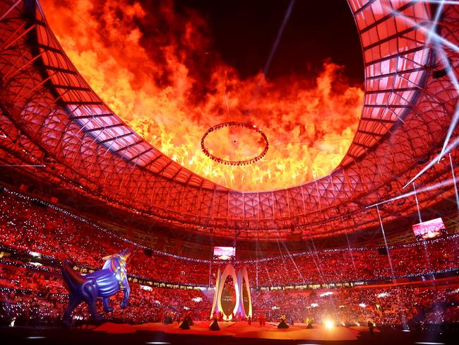 Lusail Stadium ignites during the AFC Asian Cup Opening Ceremony, preceding the Qatar vs. Lebanon Group A match. Picture: Robert Cianflone/Getty Images