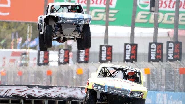 GC600 Surfers Paradise. Stadium Trucks race 2.Robby Gordon front, Matt Brabham in the air.Picture: Richard Gosling