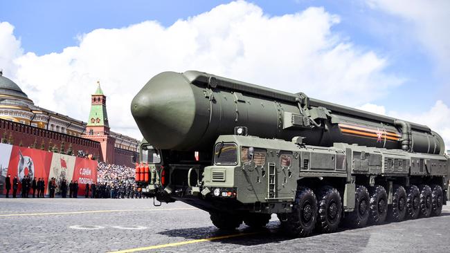 A Russian Yars intercontinental ballistic missile launcher parades through Red Square during a Victory Day military parade in central Moscow. Picture: AFP