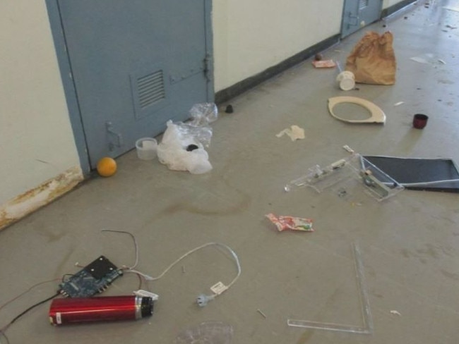 Rubbish and debris was left on floors in hallways after the protests. Picture: 9 News