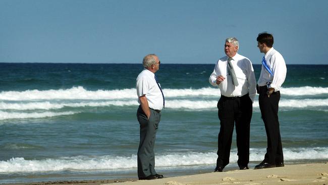 Crime Murder Victoria Cafasso coronial inquiry Coroner Don Jones centre with Greg Amos left and Constable Scott McKinnell on Beaumaris Beach